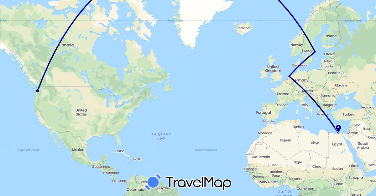 TravelMap itinerary: driving in Egypt, Netherlands, Sweden, United States (Africa, Europe, North America)